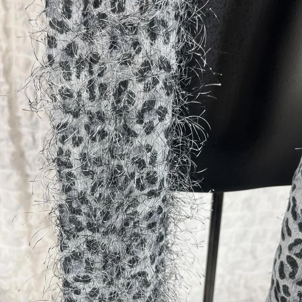 Gray Leopard Print Eyelash Knit Scarf Fuzzy‎ Shaggy Animal Print Fringe 62 Inch